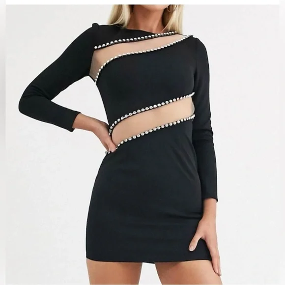 ASOS Design Black Long Sleeve Mesh and Rhinestone Bodycon dress - Picture 10 of 11